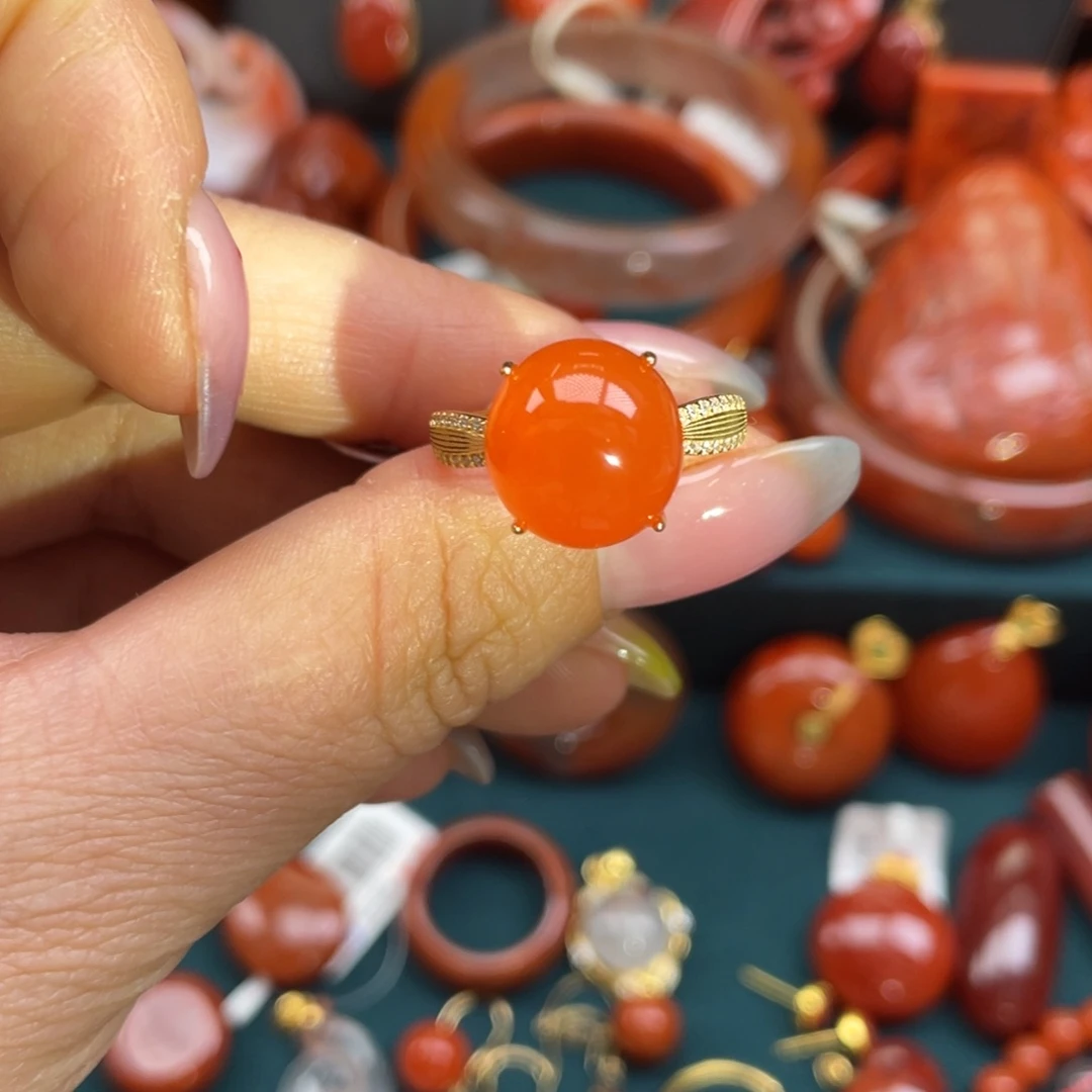 南红玛瑙银S925镶嵌保山南红冰红戒指