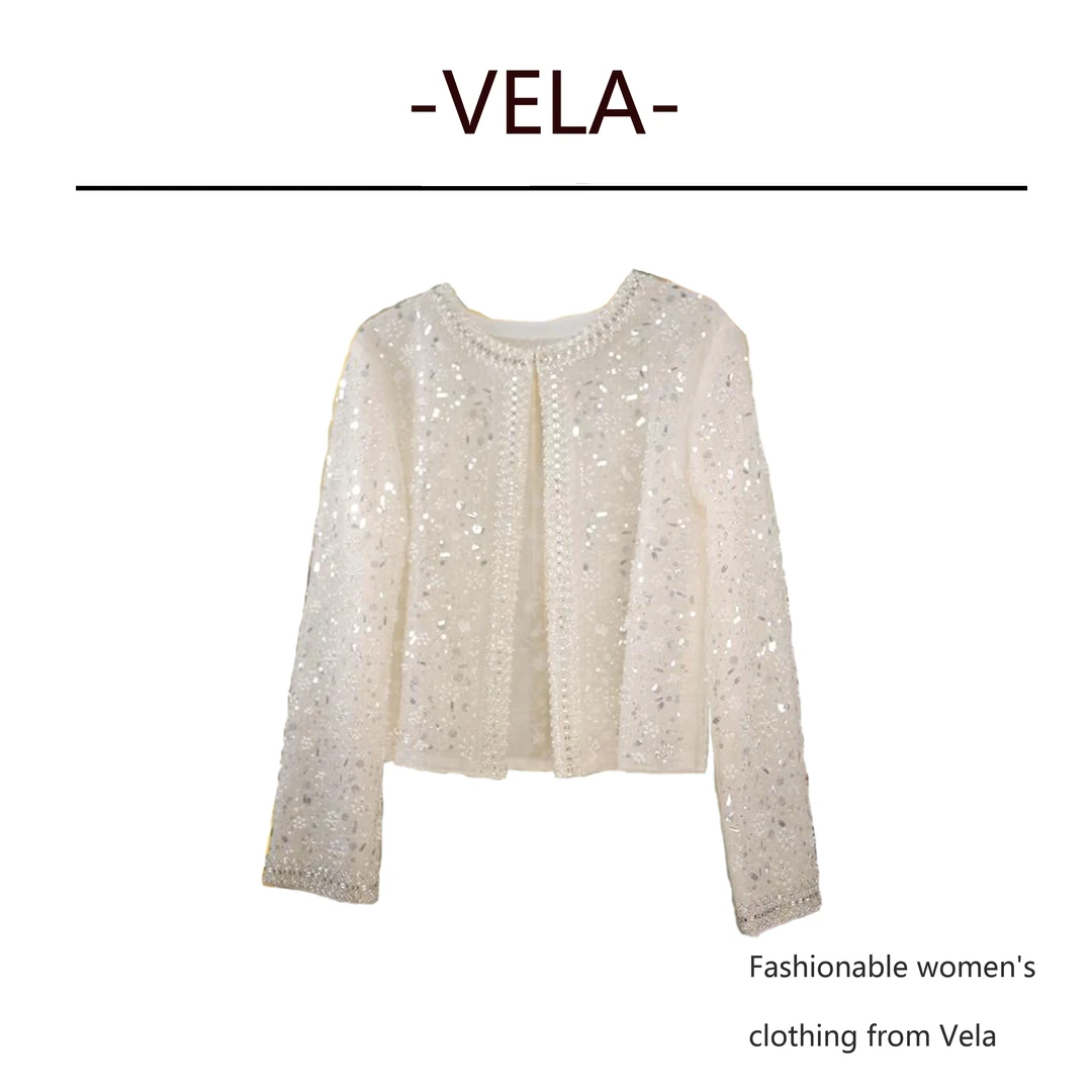 时尚女装小香风气质长袖开衫春季新款亮片小碎花洋气钉珠小碎钻