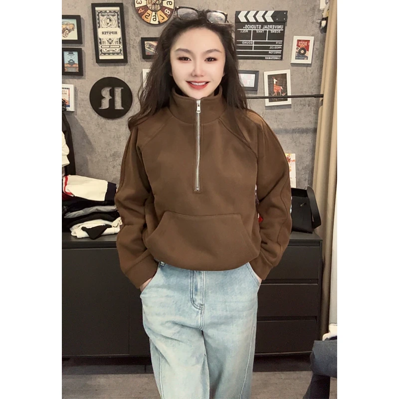 半拉链高领加绒卫衣女秋冬2025新款美式复古加厚短款宽松上衣