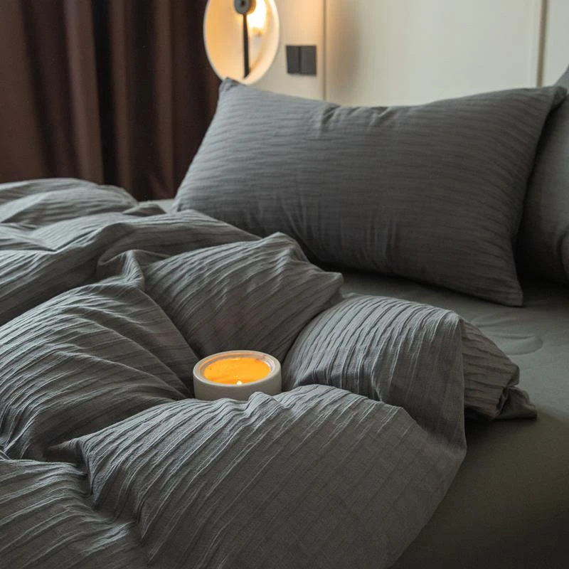 水星家纺适用高级感泡泡纱全棉水洗棉四件套100纯棉床单被套三件