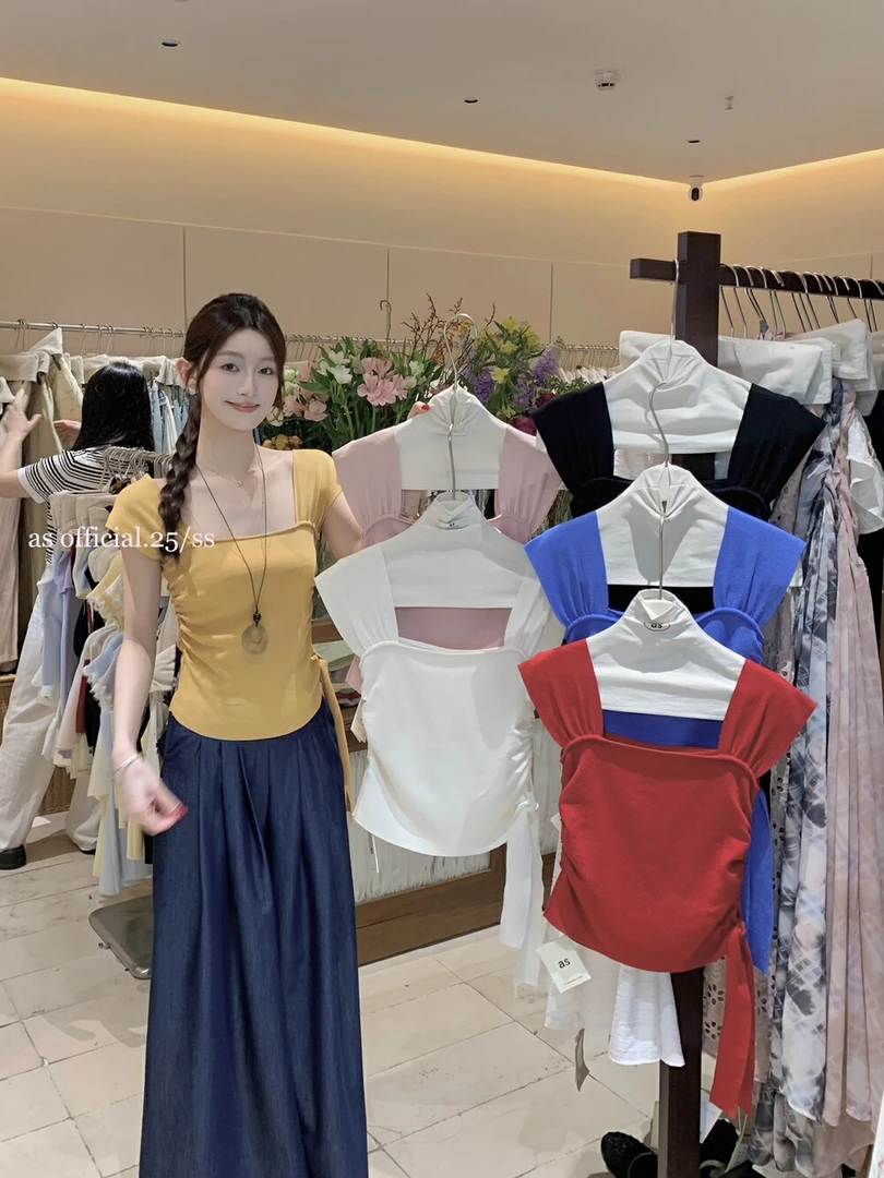夏季爆款上新休闲风针织小飞袖T恤方领时尚夏季收腰纯色露肩上衣