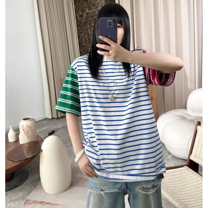 infobyfive2025夏季新款条纹拼色撞色圆领短袖T恤NF0502043