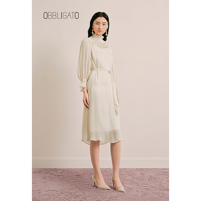 OBBLIGATO奥丽嘉朵1C65105360专选2025早春新品荷叶边立领连衣裙