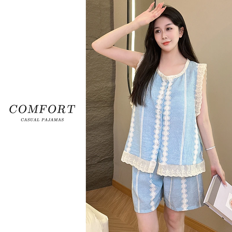 新款夏季睡衣女士短袖短裤长裤三件套装卡通蓝天印花家居服可外穿