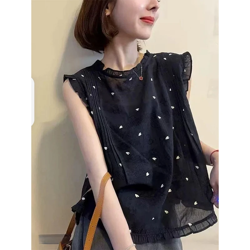 拉夏贝尔韩系木耳边无袖T恤背心女夏季薄款宽松衬衣刺绣小衫上衣