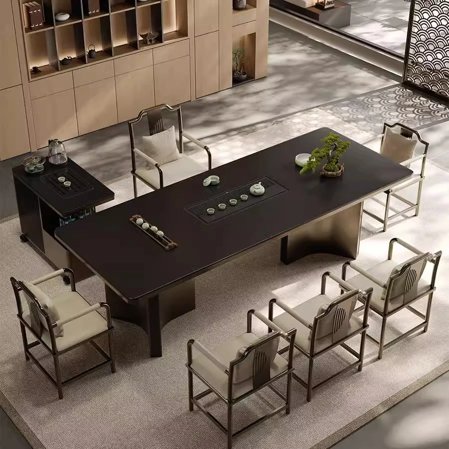 高端纯黑奢石岩板茶台桌茶桌椅组合简约轻奢办公室茶道桌泡茶台桌