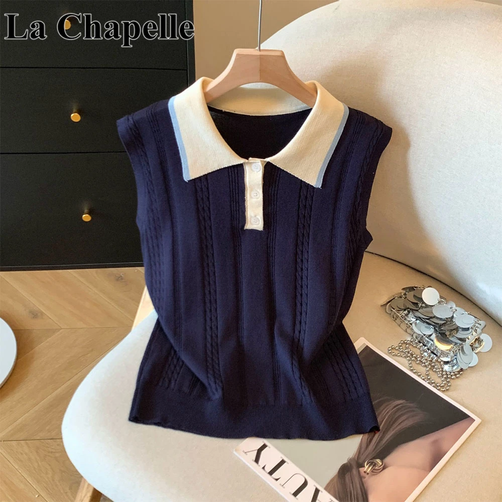 拉夏贝尔韩系学院风时尚撞色针织无袖背心女夏季Polo小衫坎肩上衣