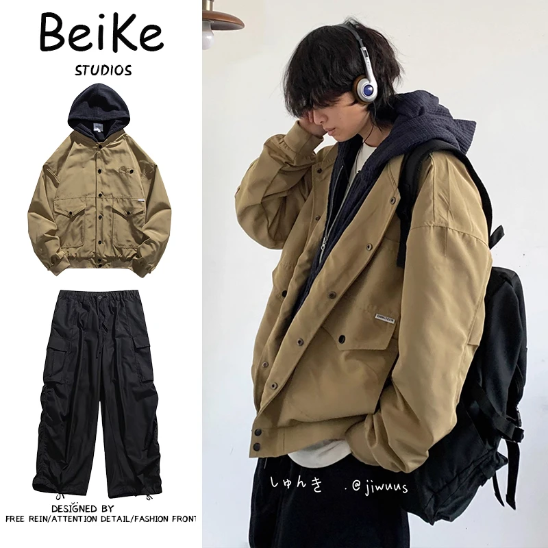 两件装/假两件春秋日系复古连帽外套男女生宽松BF风男外套秋季款