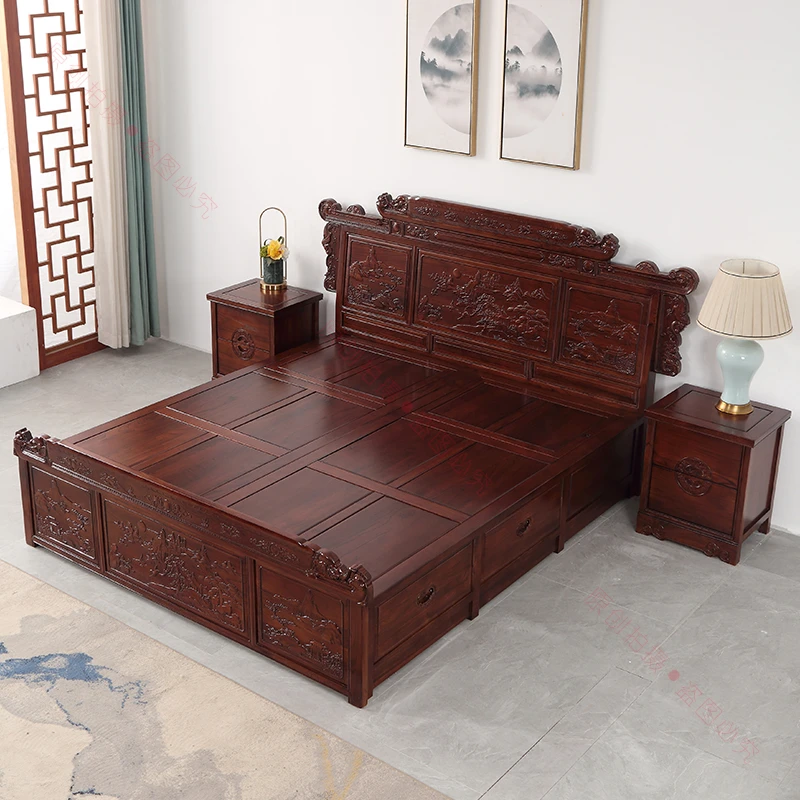 老榆木实木床中式卯榫结构明清古典仿古雕花箱体带抽屉双人储物床