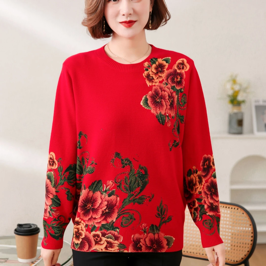 中老年妈妈装对角印花针织打底衫31662