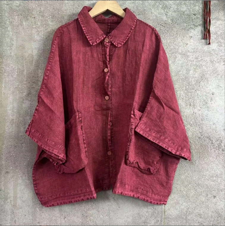 QXX  668  夏季新款文艺复古Polo领亚麻衬衫（胸围160衣长60）