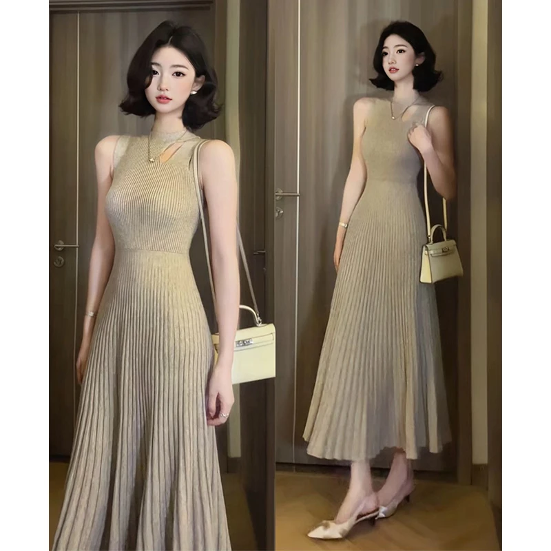 轻熟高端夏韩版温柔风收腰显瘦内搭无袖打底针织裙百褶长款连衣裙