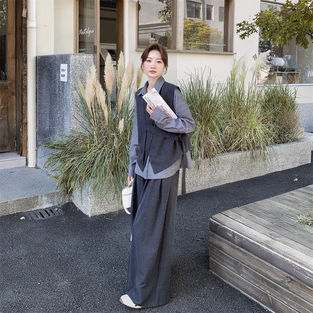 不规则马甲条纹衬衫阔腿裤套装女春秋松弛感三件套百搭老钱风女装