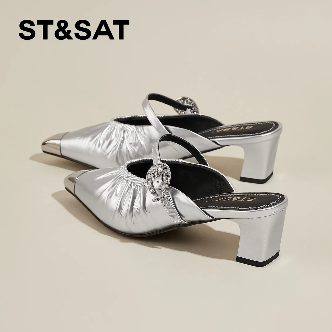 星期六牛皮高跟包头半拖鞋女2025夏季新款外穿浅口一字带粗跟凉鞋