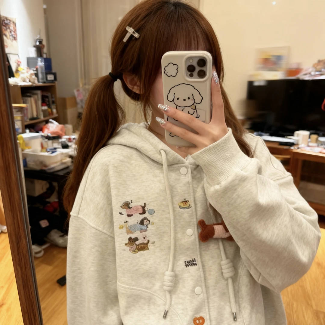 时尚刺绣腊肠狗个性百搭连帽卫衣大码胖mm宽松韩版减龄洋气外套