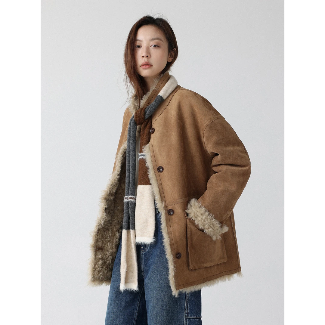 低卡LOWCALORIE‘一体两面’正反两穿麂皮绒立领环保皮草毛外套