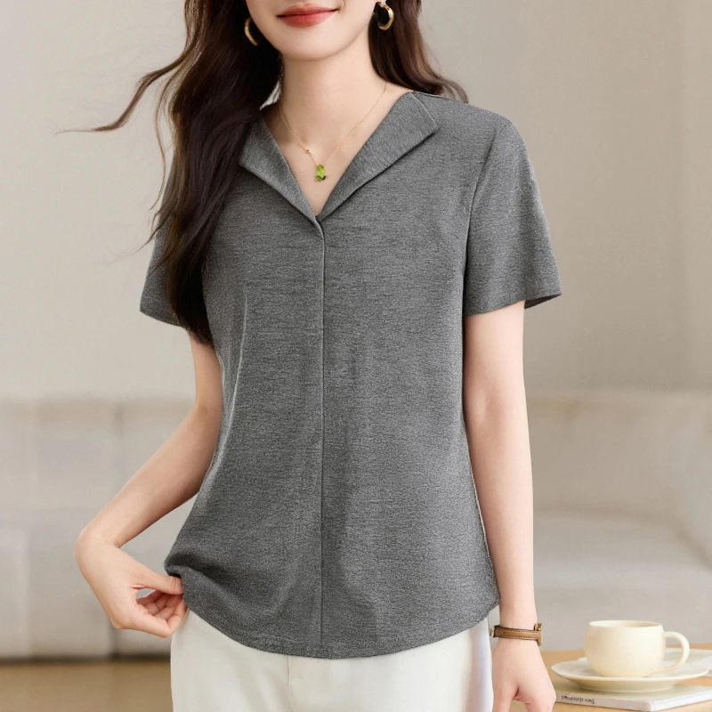 【新疆长绒棉】休闲翻领短袖t恤正肩遮肉百搭上衣时尚简约女装潮