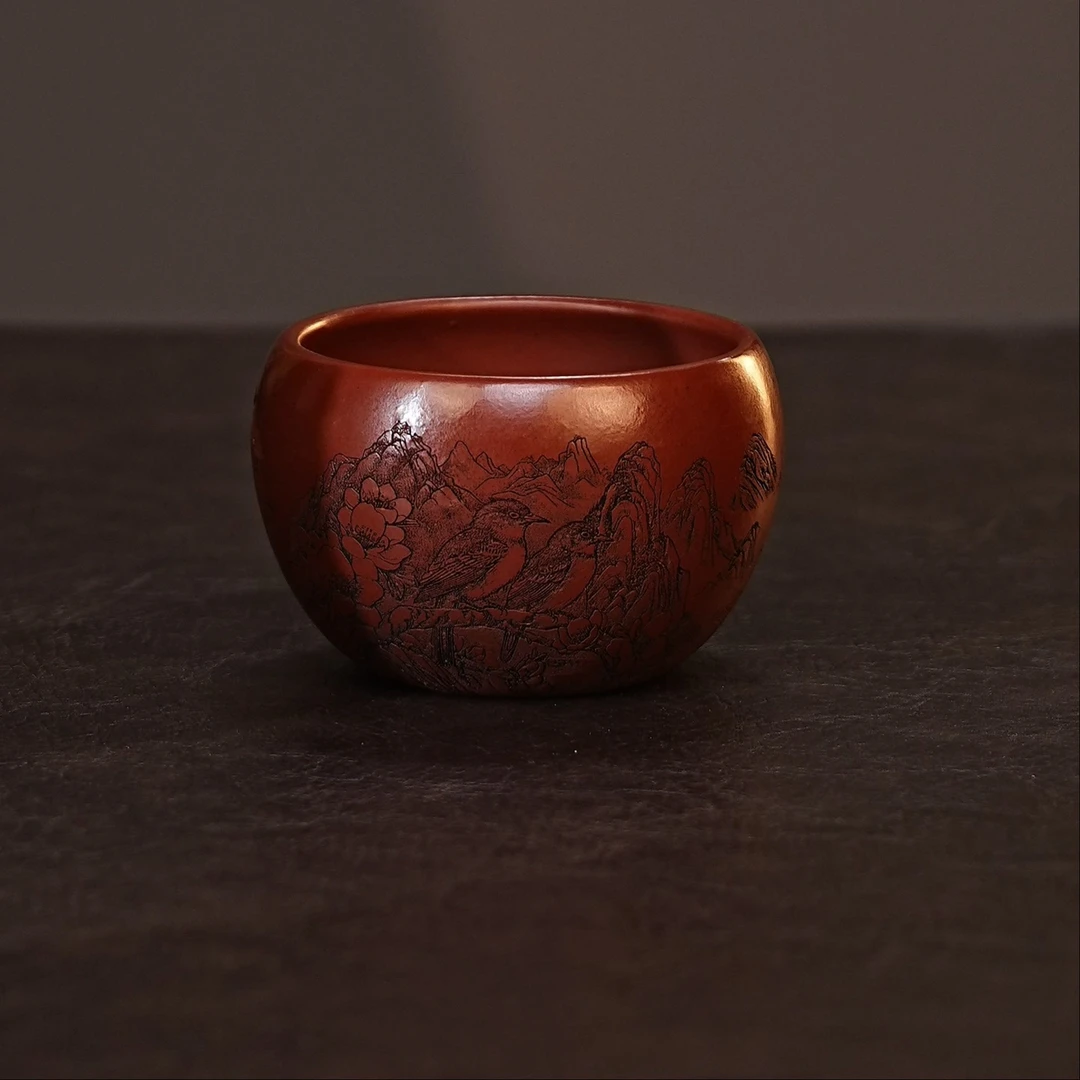 宜兴紫砂茶具 原矿大红袍泥料刻绘山水花鸟主人杯品茗杯