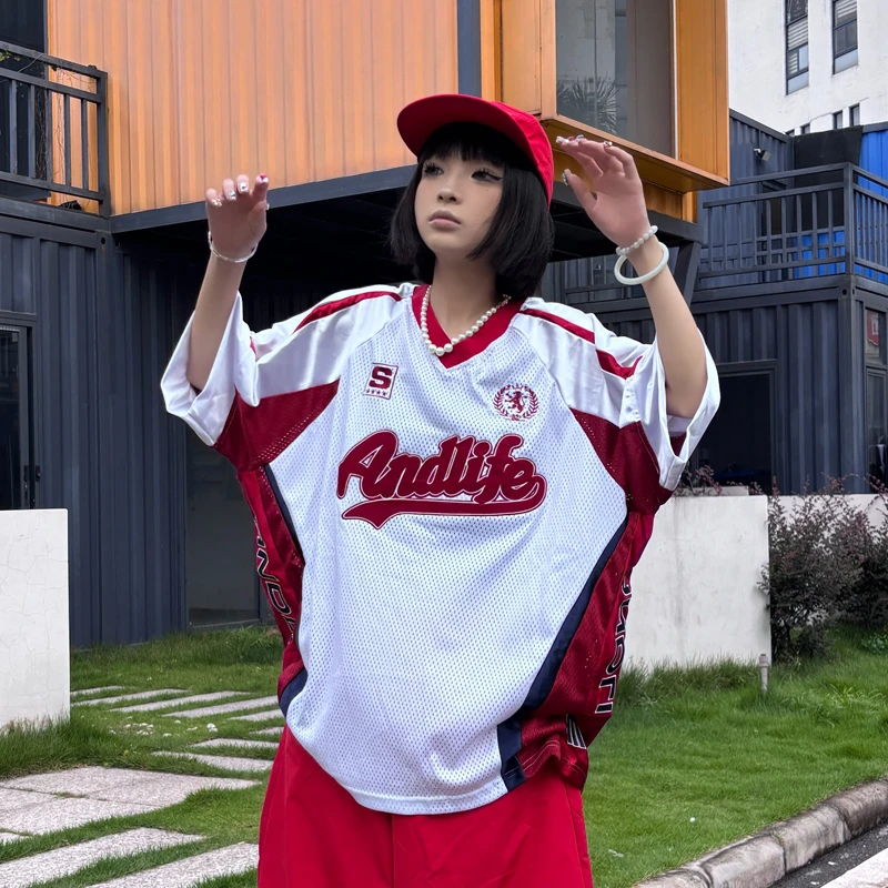 ANDIFE品牌刺绣重工网眼拼色V领男女同款潮牌短袖t恤20205夏国潮