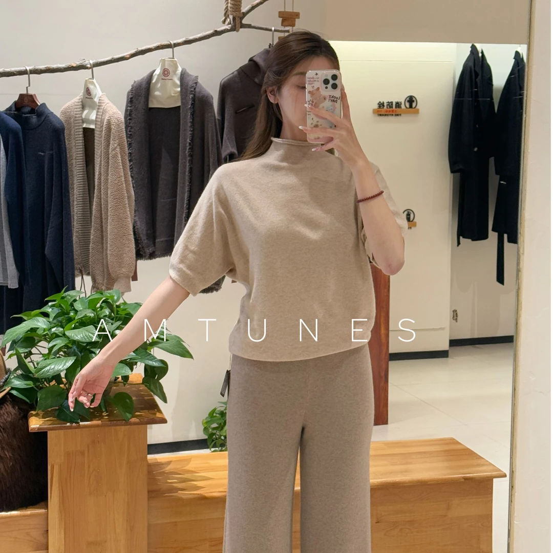 韵歌100%山羊绒半高领蝙蝠中袖遮肉显瘦休闲针织套头衫女12448