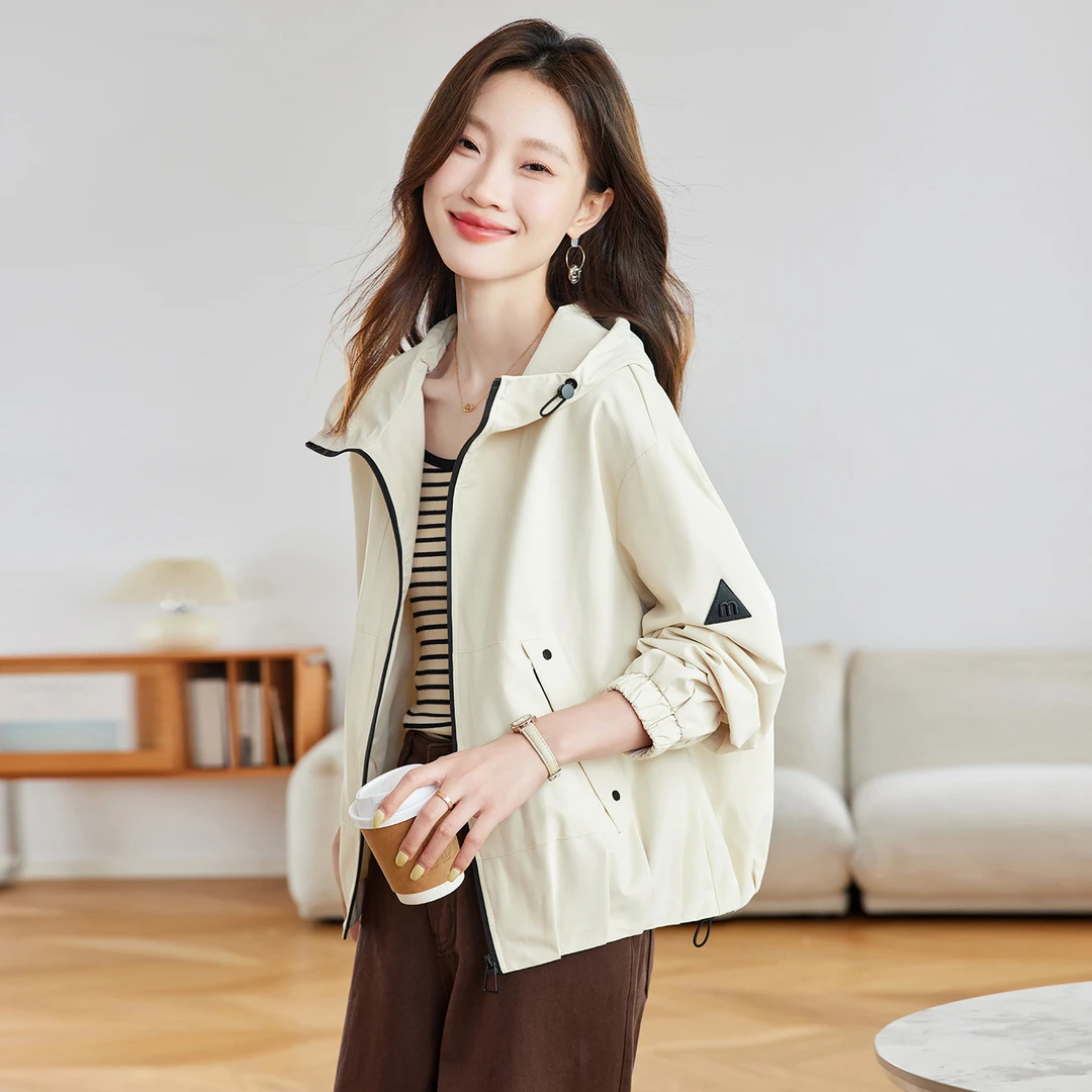 2025春秋新款时尚韩版休闲百搭连帽风衣外套女宽松显瘦夹克上衣潮