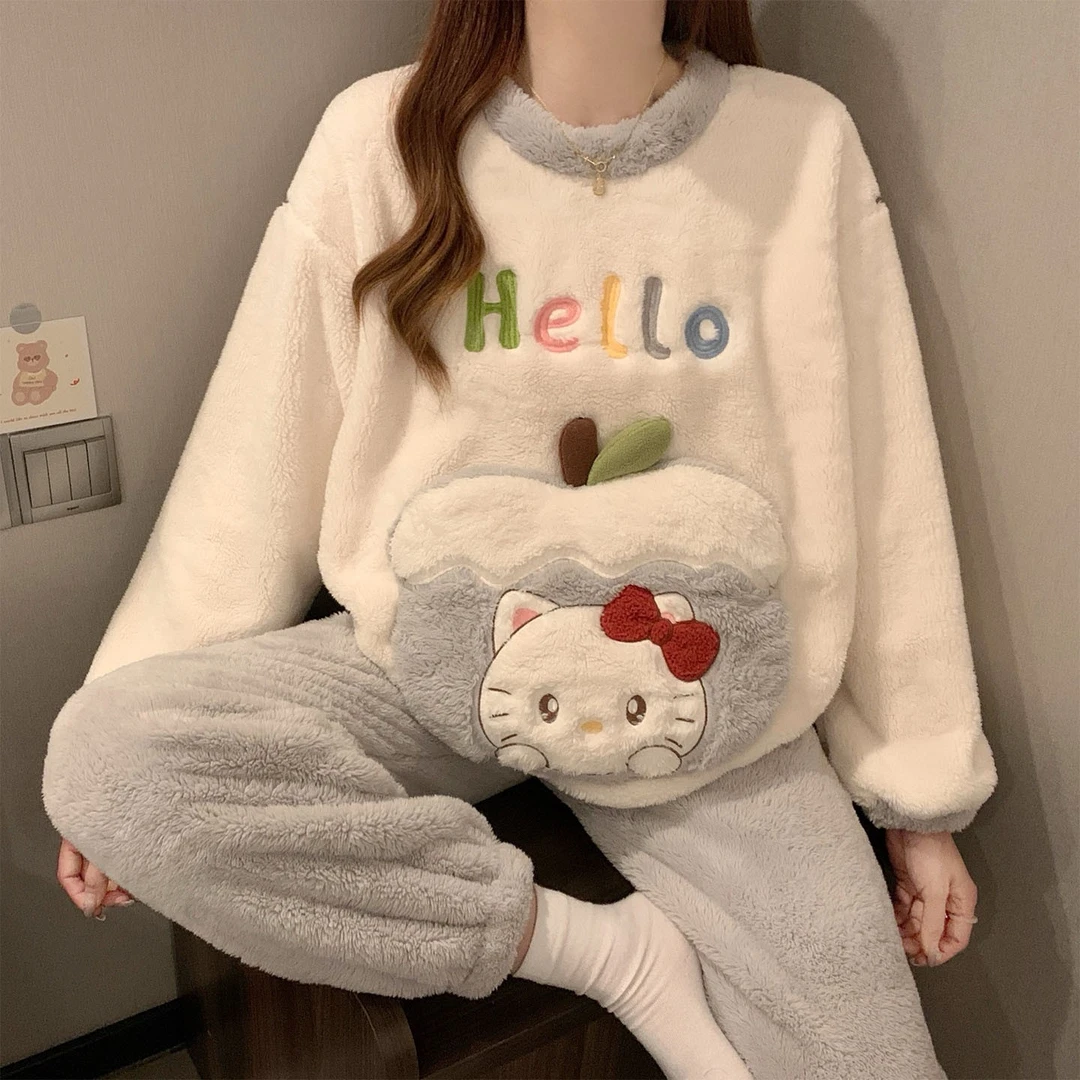 凯蒂猫珊瑚绒睡衣女冬款加厚加绒法兰绒小个子秋冬季可外穿家居服