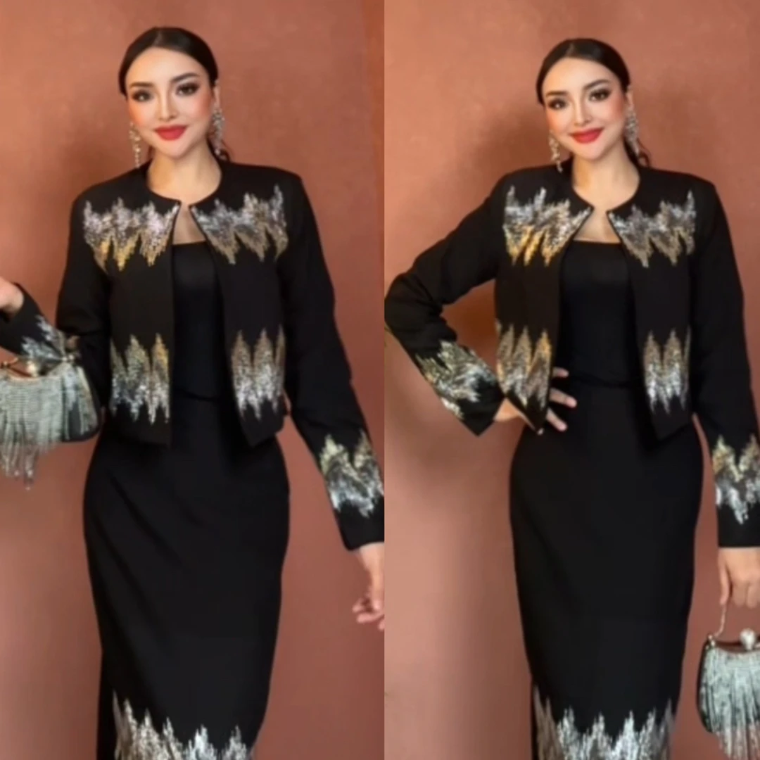 秋季新款轻奢重工烫钻工装风修身短款长袖外套搭配长裙