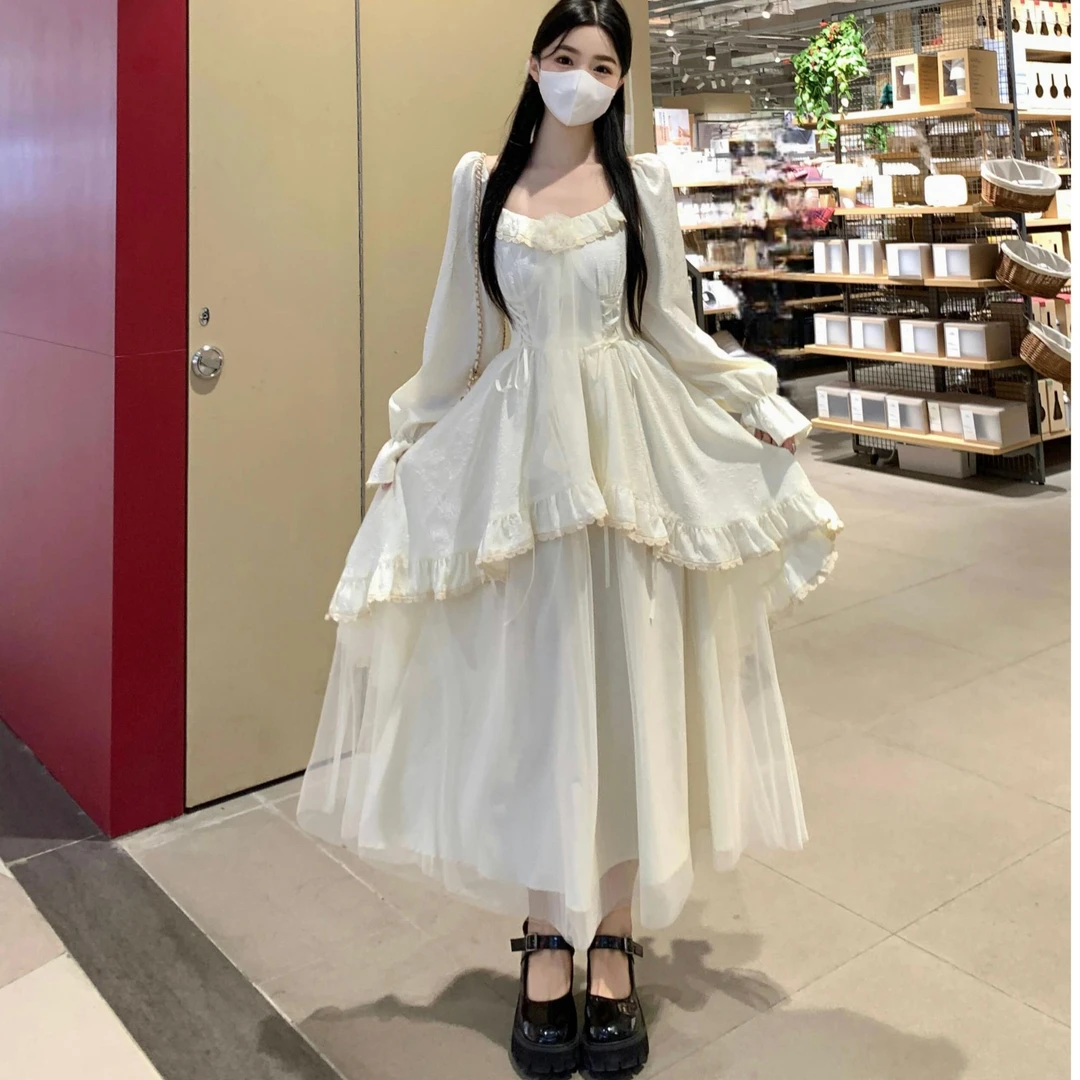 大码水彩白栀气质仙女裙系带提花网纱拼接不规则大摆连衣裙