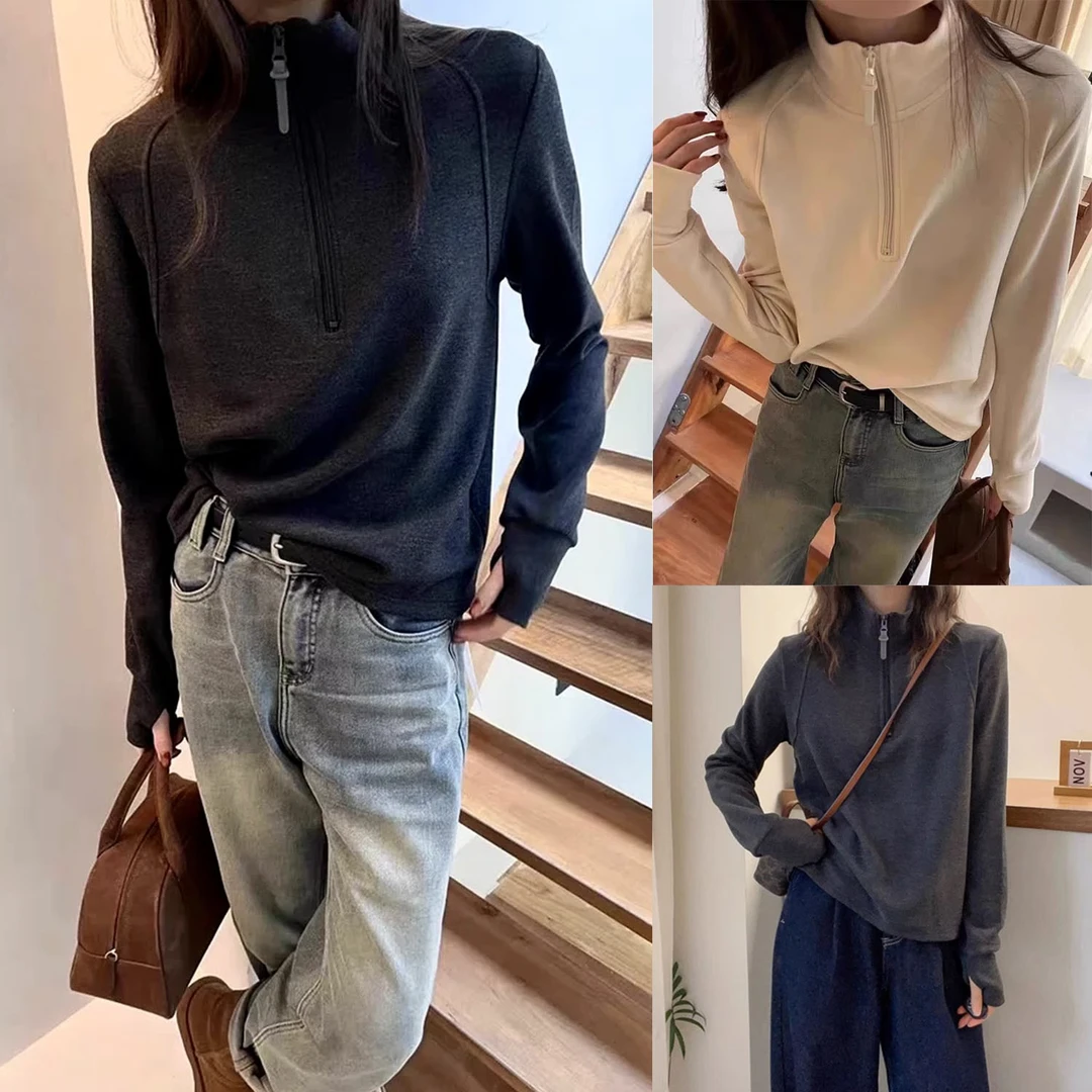 秋冬加绒保暖立领女款打底长袖上衣灰色针织宽松显瘦内搭纯色