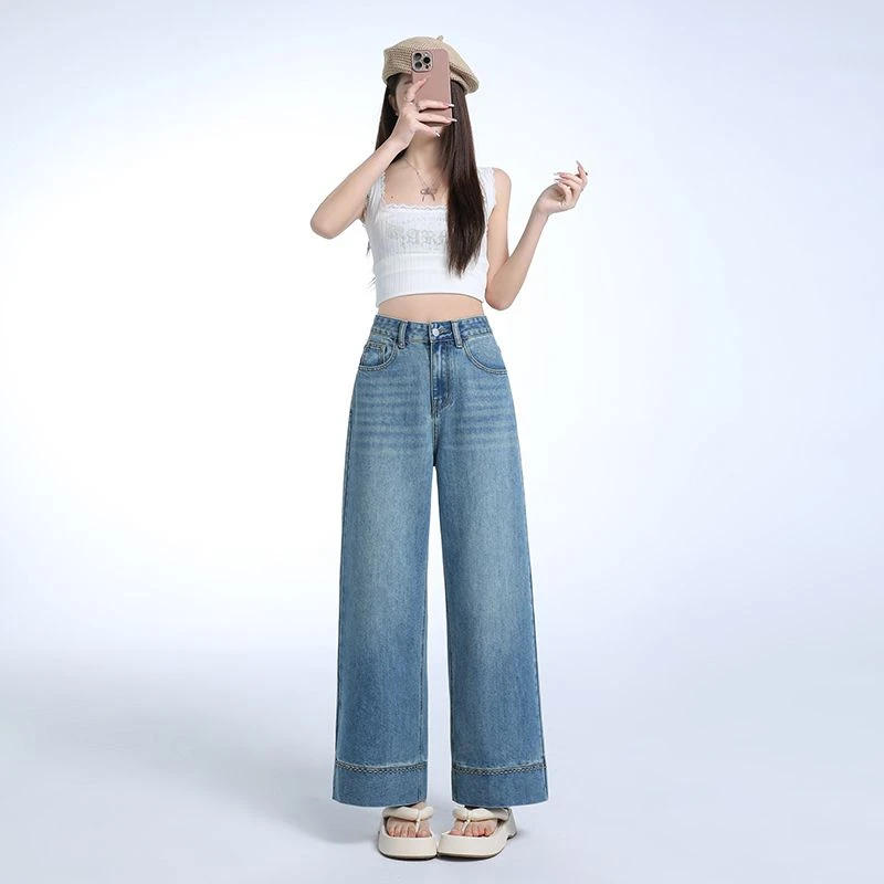 艺品兰韩版阔腿牛仔裤女莱赛尔2025新款宽松高腰显瘦九分直筒裤