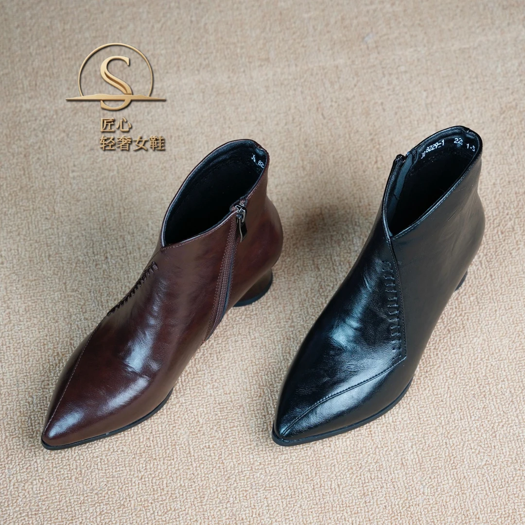 牛皮3cm粗跟短鞋尖头通勤新款复古棕色时尚皮靴巨好穿女鞋ZJTX12