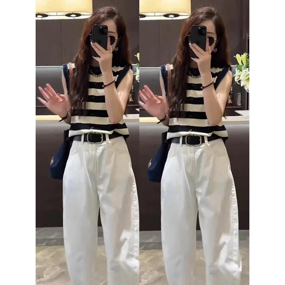 韩系气质套装女2025夏季新款针织拼牛仔无袖上衣高腰休闲裤两件套