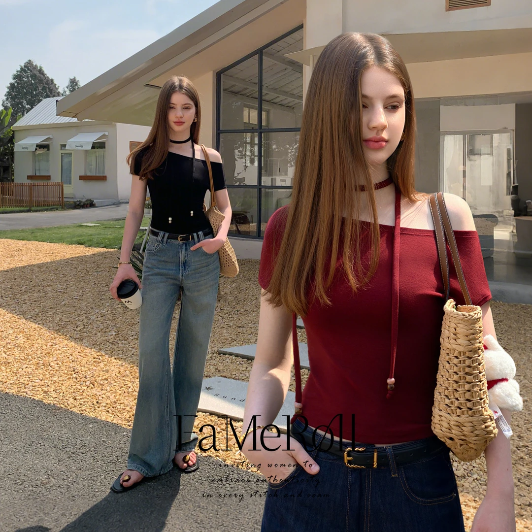 FaMeRoll/法麦罗 斜肩一字领系带短袖夏季新款T恤FA252SZ0089