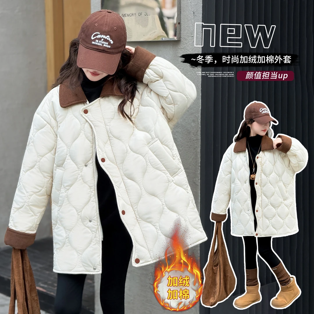 女童棉服外套冬季加绒加厚中大童2025新款洋气时髦冬款儿童棉衣潮