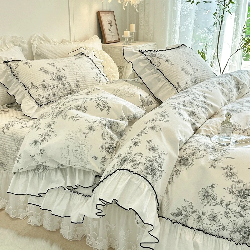 2025新款少女心全棉法式公主风蕾丝床盖款四件套韩式小碎花小清新