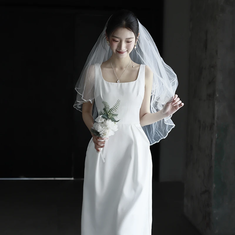 霁月｜拜托鹿先生夏法式极简修身订婚领证方领背心小白连衣裙礼服