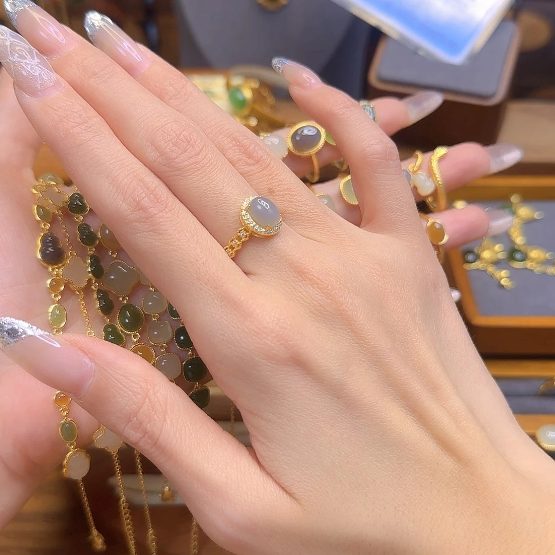 和田玉戒指银S925镀金镶嵌