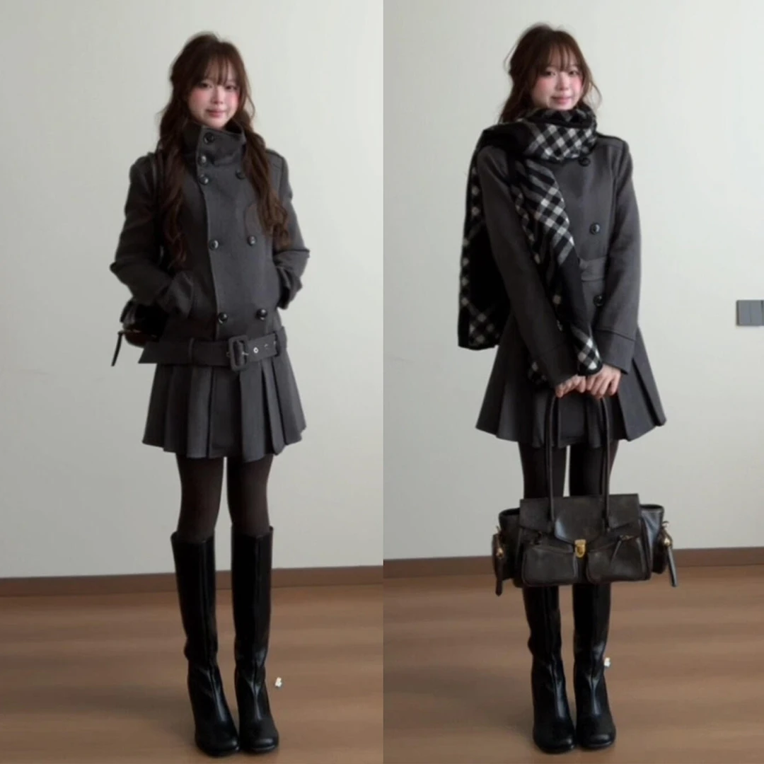 韩系深灰色立领大衣连衣裙子女秋冬季2025新款古早风收腰百褶短裙