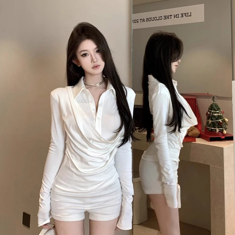 辣妹荡领拼接假两件长袖t恤白衬衫女春秋设计感气质修身内搭上衣