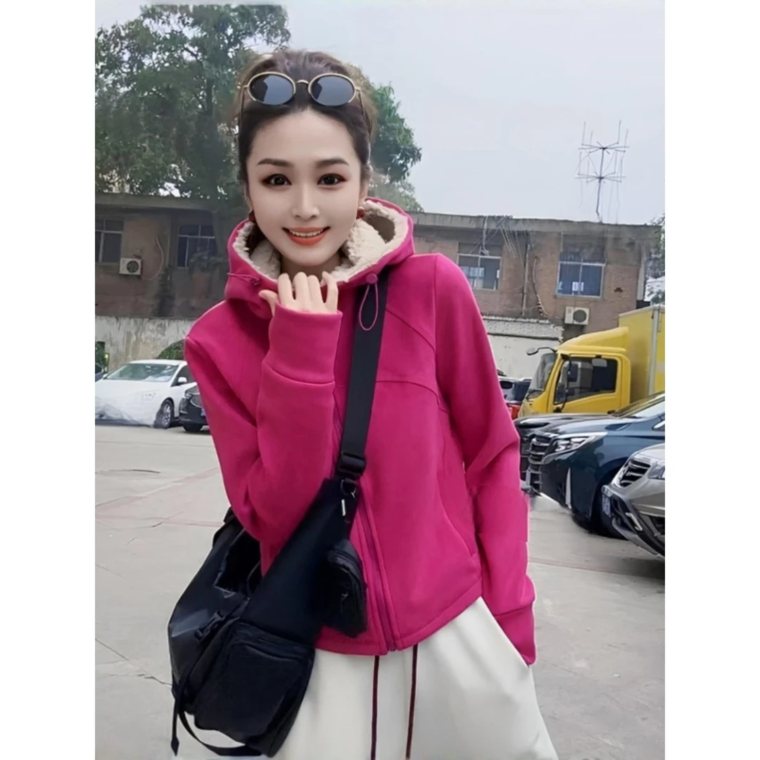 铛铛专属 双面绒防风衣羊糕毛连帽卫衣外套 长袖拉链百搭显瘦上衣