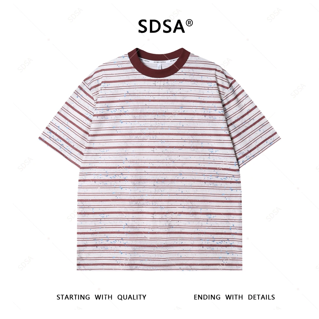 夏季高级感新款男士美式撞色条纹泼墨短袖T恤宽松百搭圆领上衣