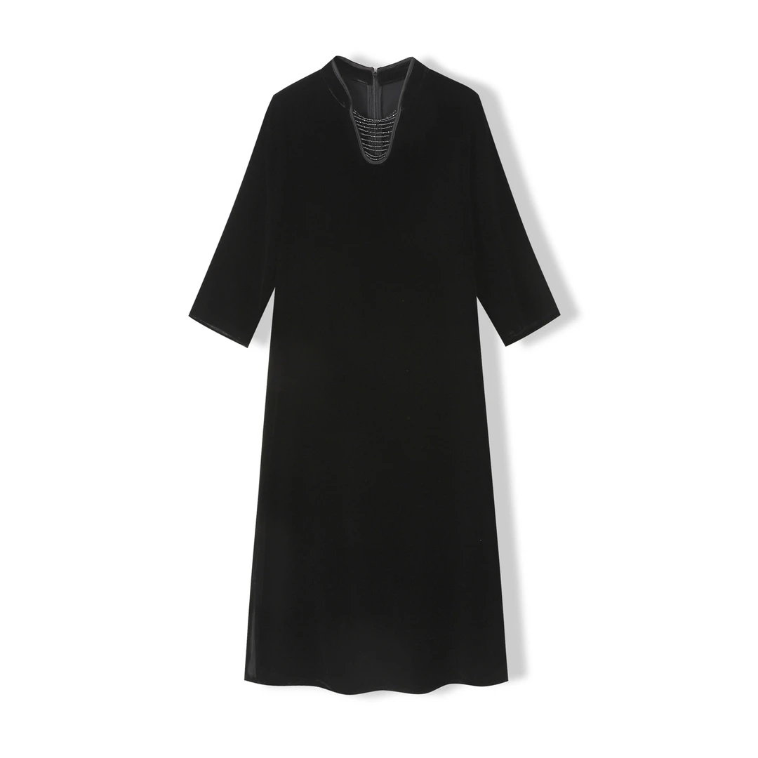 COLD MEDIUM桑蚕丝真丝丝绒秋装中长款宽松显瘦连衣裙T16