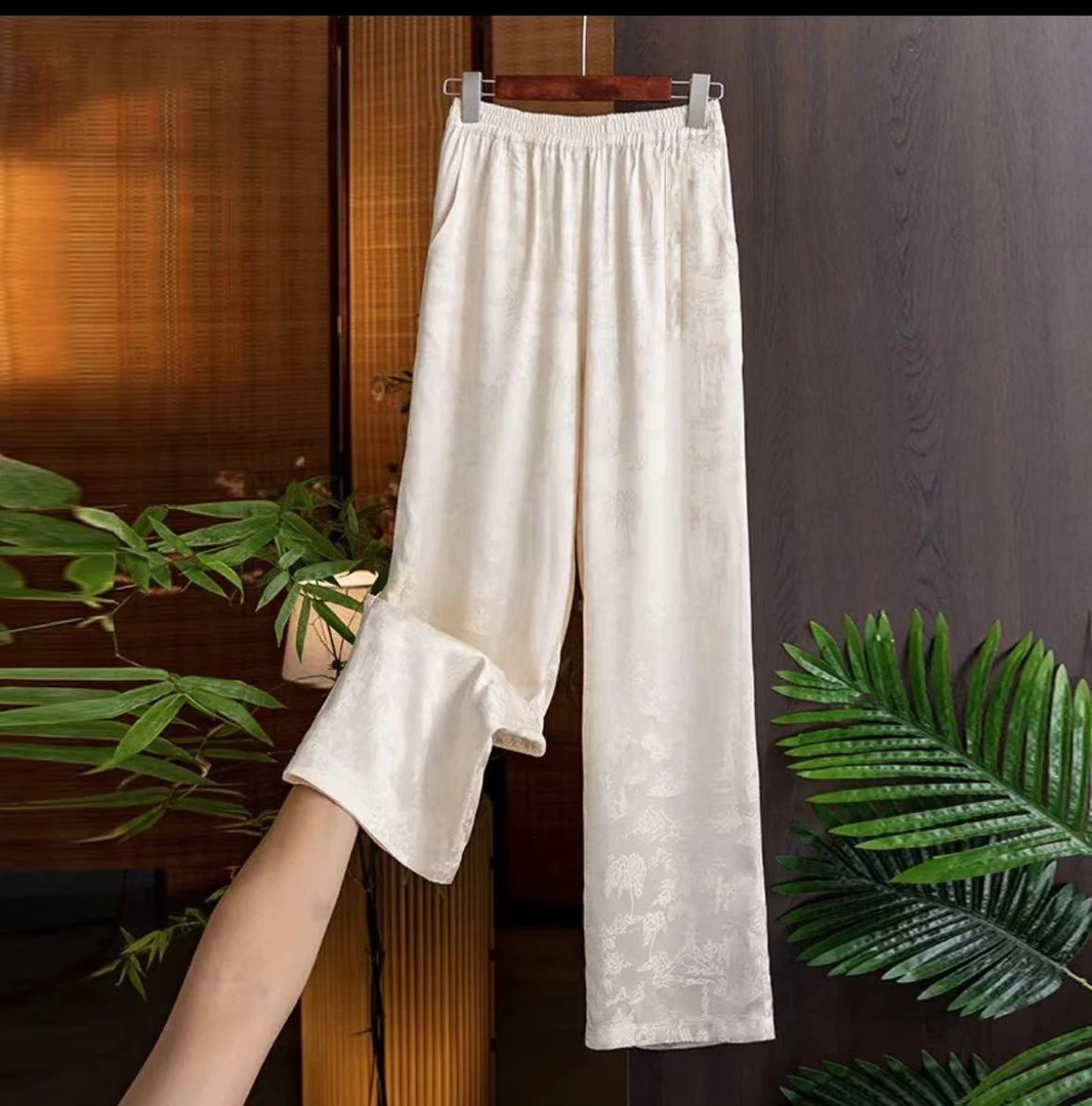 2025夏款新款真丝提花工艺直筒休闲裤（YN-007）太古