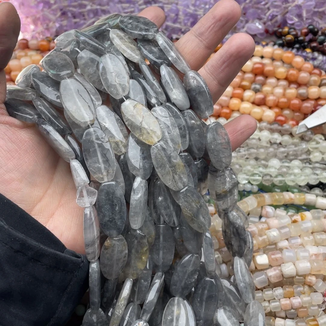 玛瑙/玉髓珠宝半成品未镶嵌两条装14*25灰兔毛椭圆片有瑕