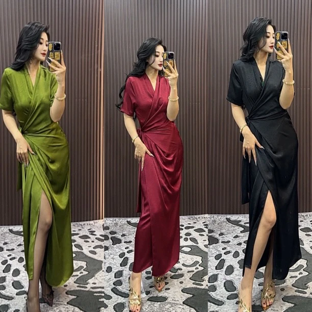 师小姐定制~短袖款V领钻石纹一片式绑带连衣裙5135