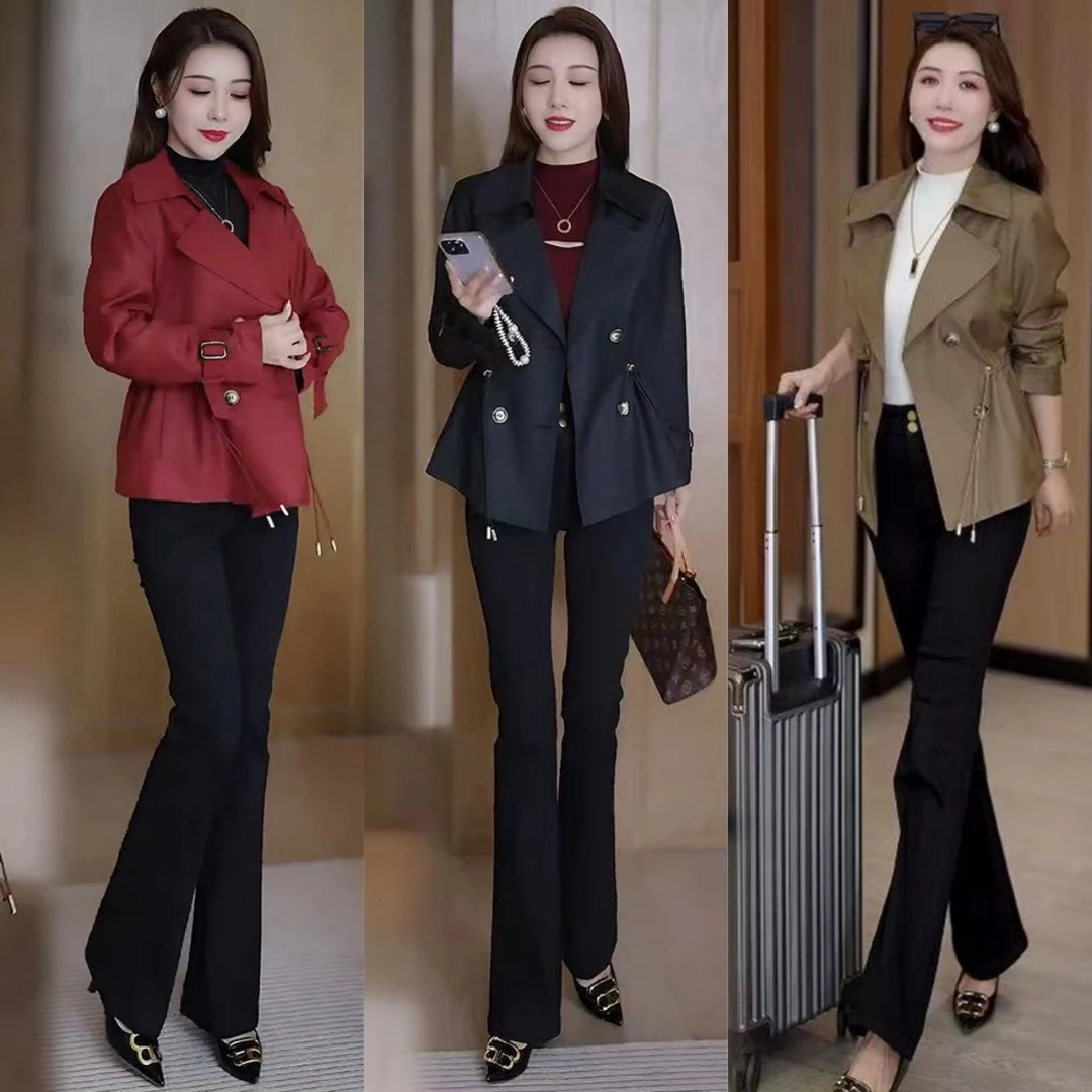 休闲短款风衣女装2025春秋韩版宽松收腰显瘦纯色百搭抽绳大衣外套