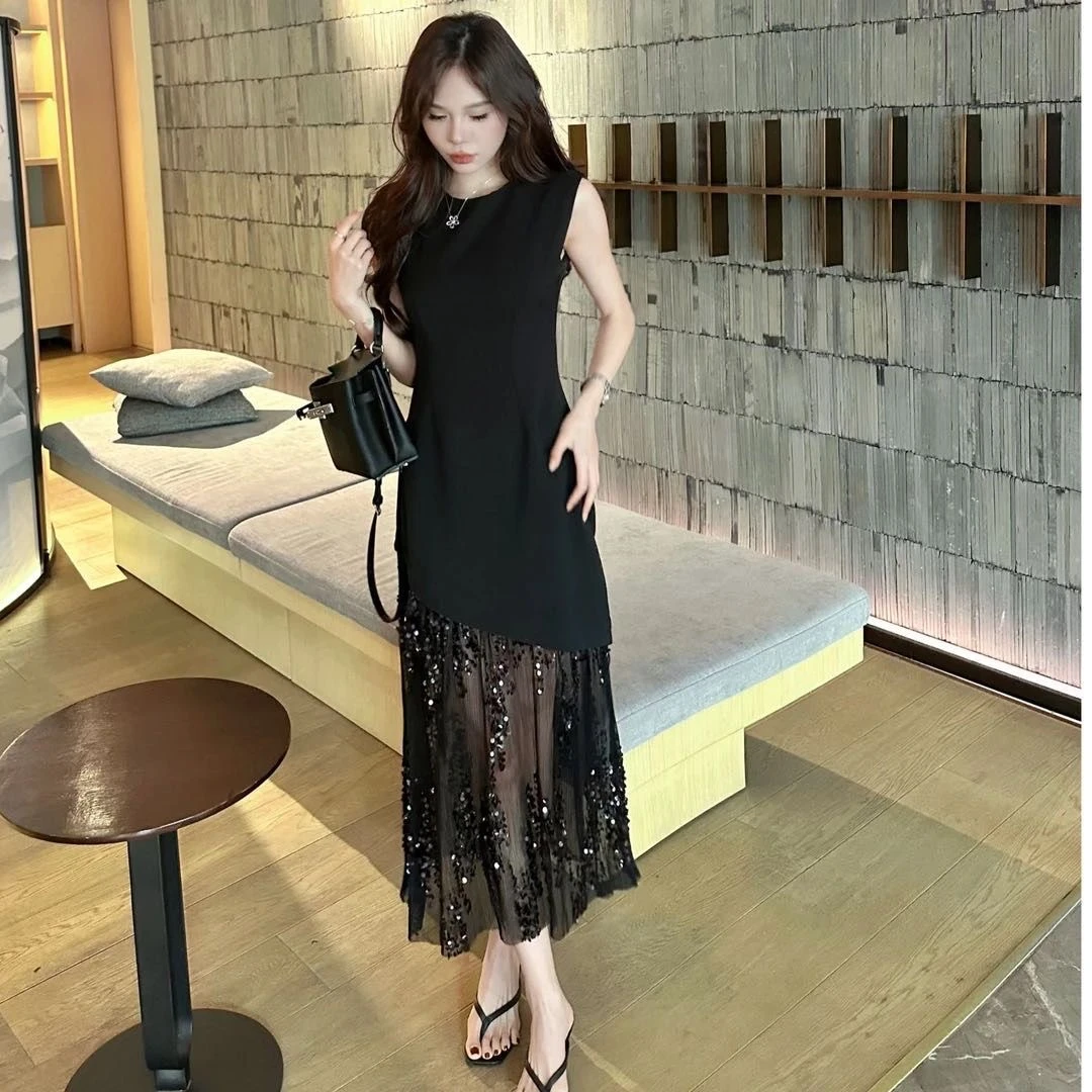 轻奢高级感纱网拼接亮片连衣裙2025夏季新款修身显瘦无袖背心长裙
