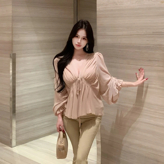 法式V领雪纺衬衫女秋季千金风气质宽松显瘦长袖超好看小个子上衣