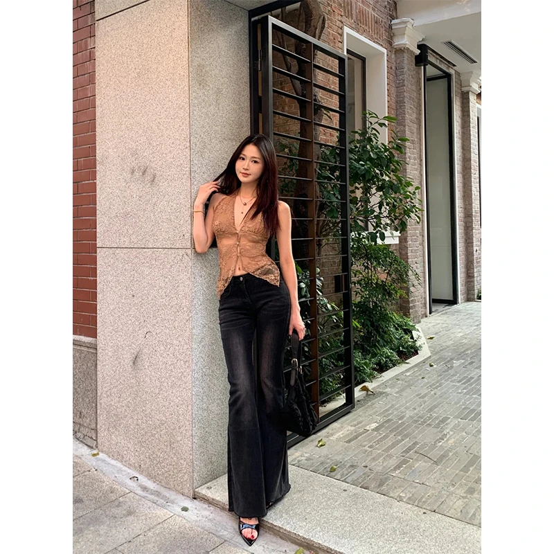 辣妹纯欲风微透V领挂脖时尚气质设计感上衣百搭显瘦长裤新款套装