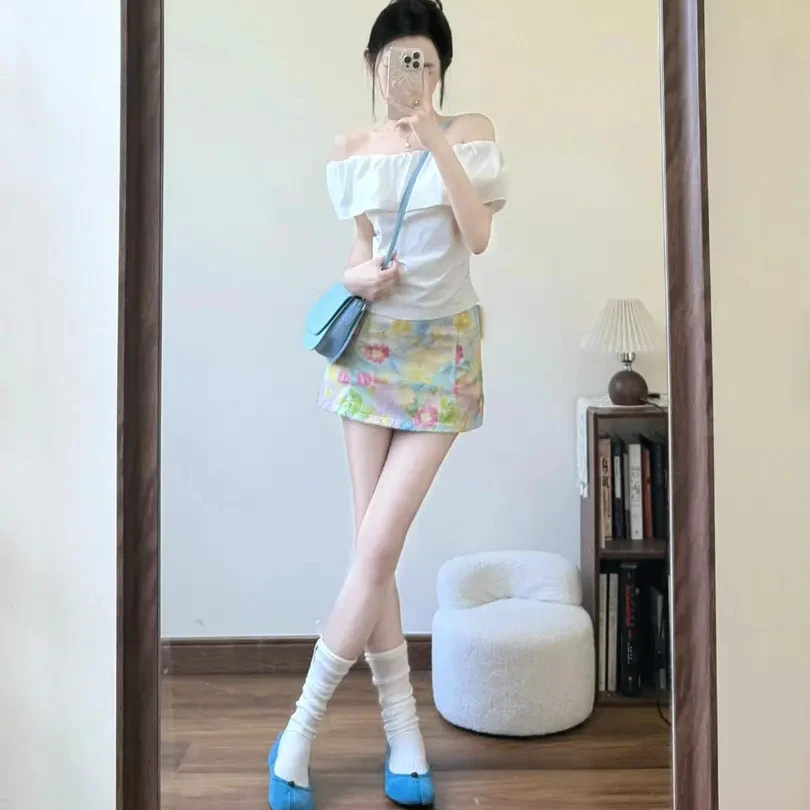 碎花修身裙显身材夏季新款辣妹多巴胺穿搭一字肩修身T恤上衣